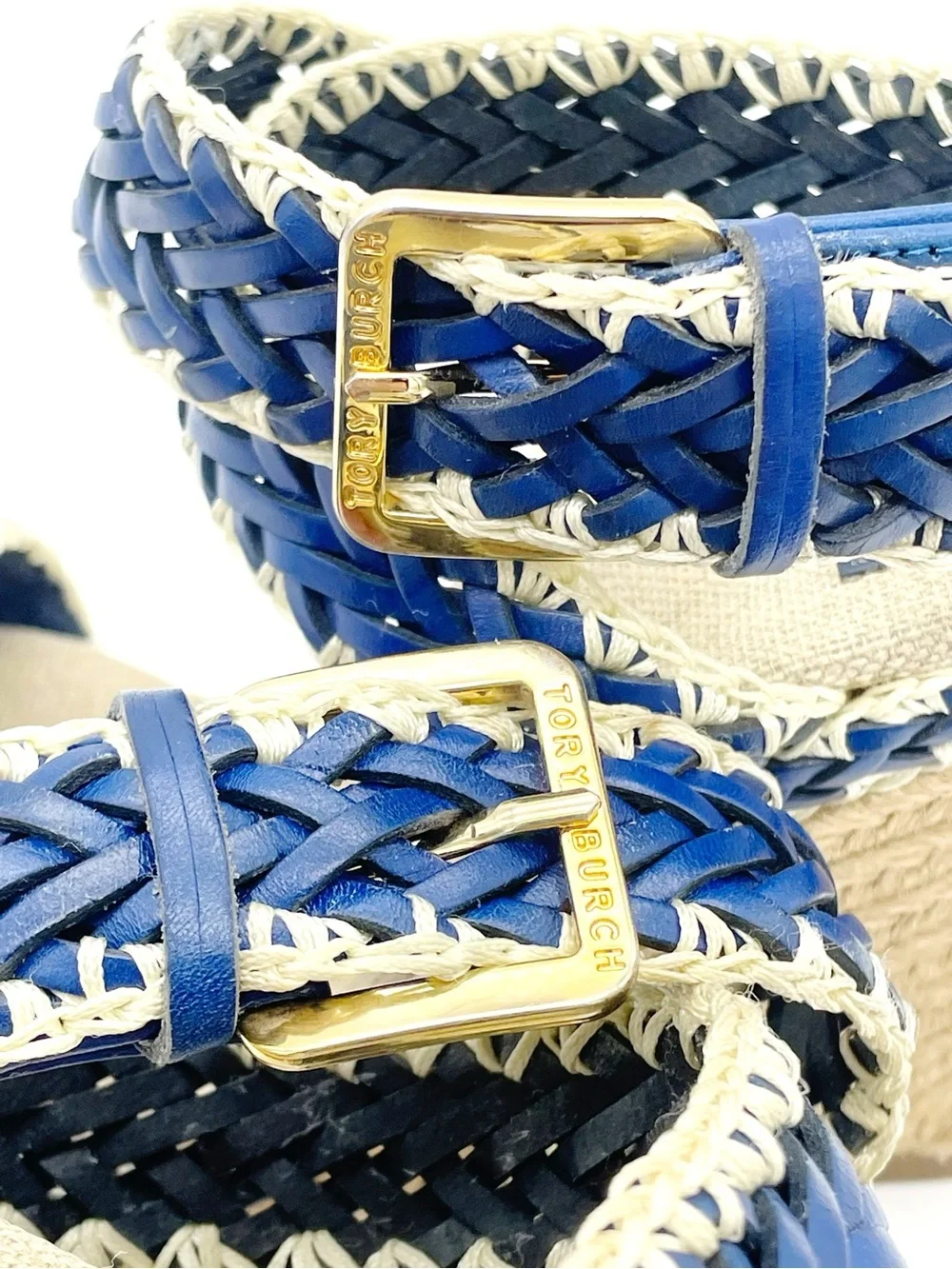 Tory Burch Lilah Espadrille Wedge Sandals Size 37 Cobalt Natural Braided Leather
